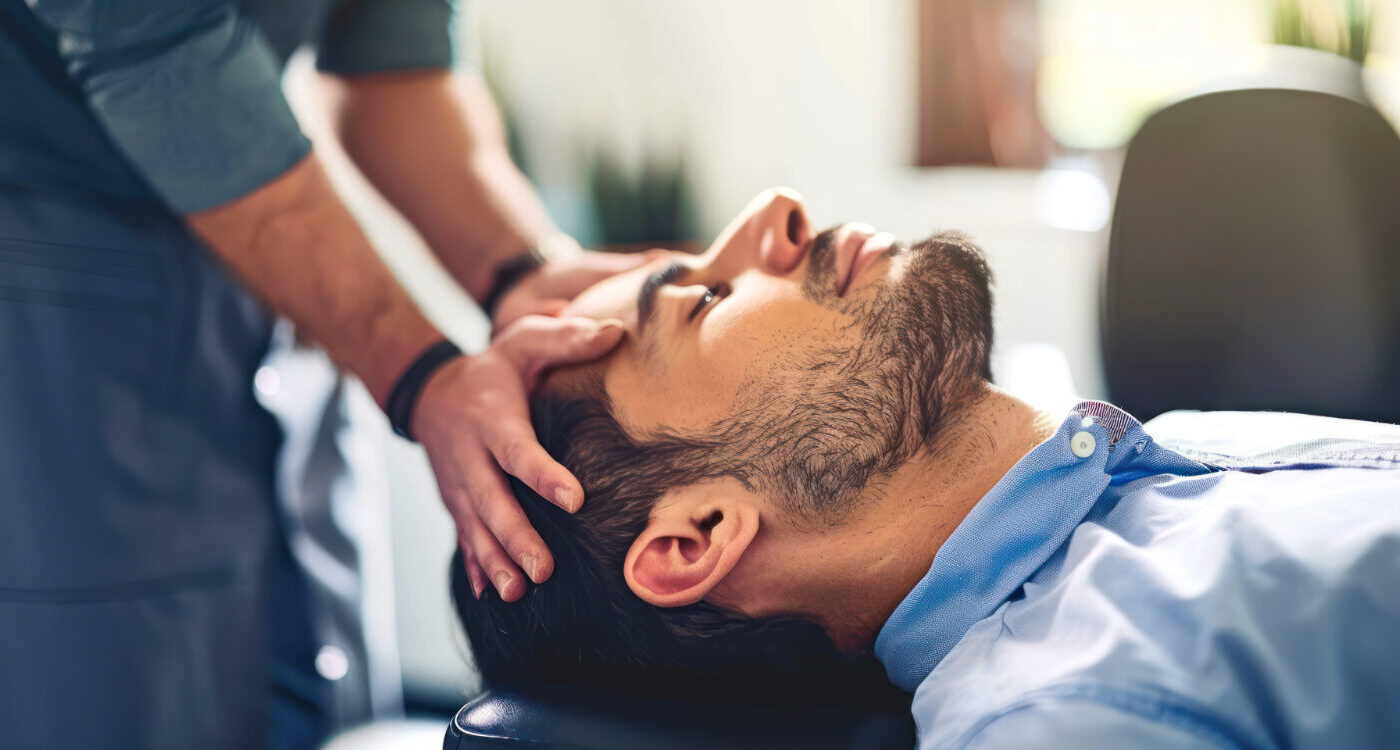 Chiropractor making head adjustments on male patient.